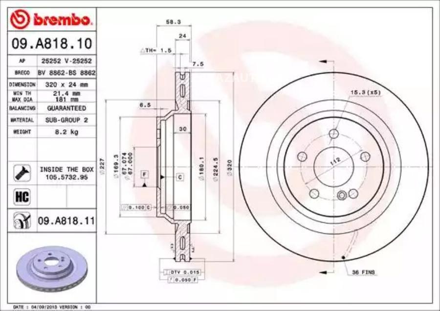 09A81811 BREMBO Тормозной диск
