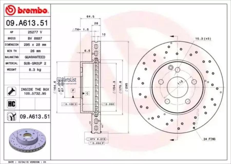09A61351 BREMBO Тормозной диск brembo передний для MERCEDES BENZCClass C 180, C 200 09.A613.51