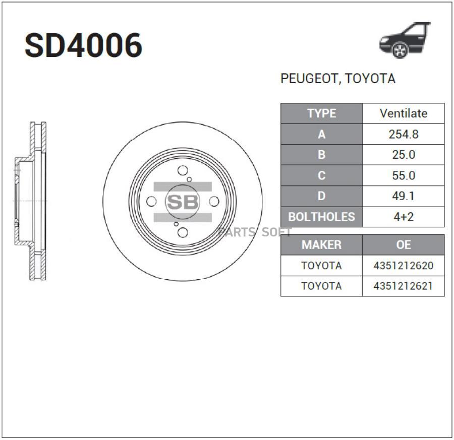 ДИСК ТОРМОЗНОЙ SD4006 (43512-12620) SANGSIN BRAKE SD4006