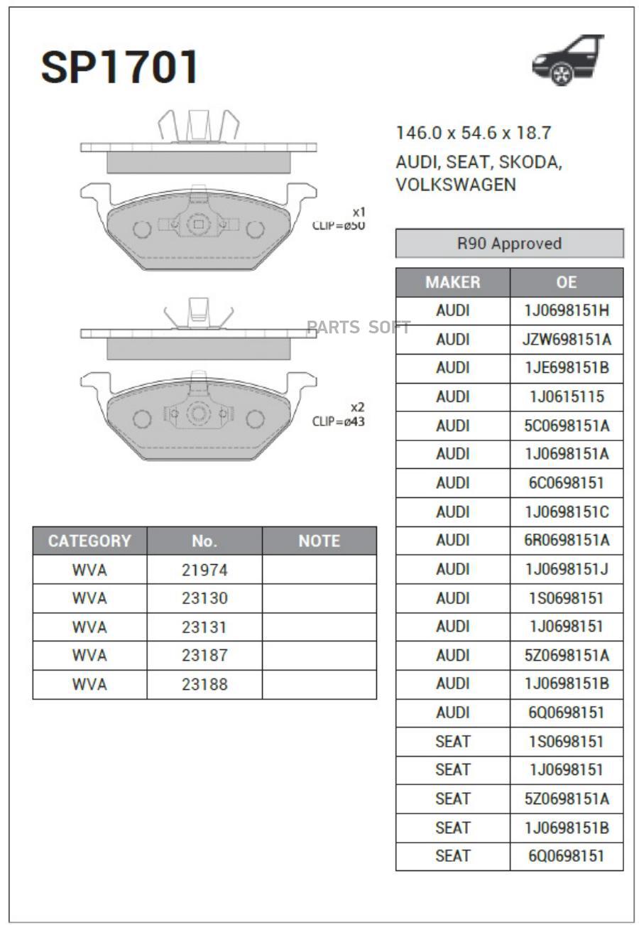 КОЛОДКИ ТОРМОЗНЫЕ ПЕРЕДНИЕ SP1701 SANGSIN BRAKE SP1701