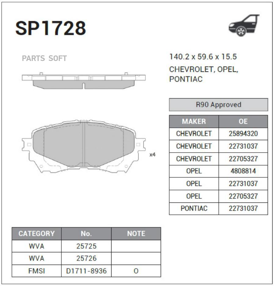 КОЛОДКИ ТОРМОЗНЫЕ ПЕРЕДНИЕ SP1728 SANGSIN BRAKE SP1728