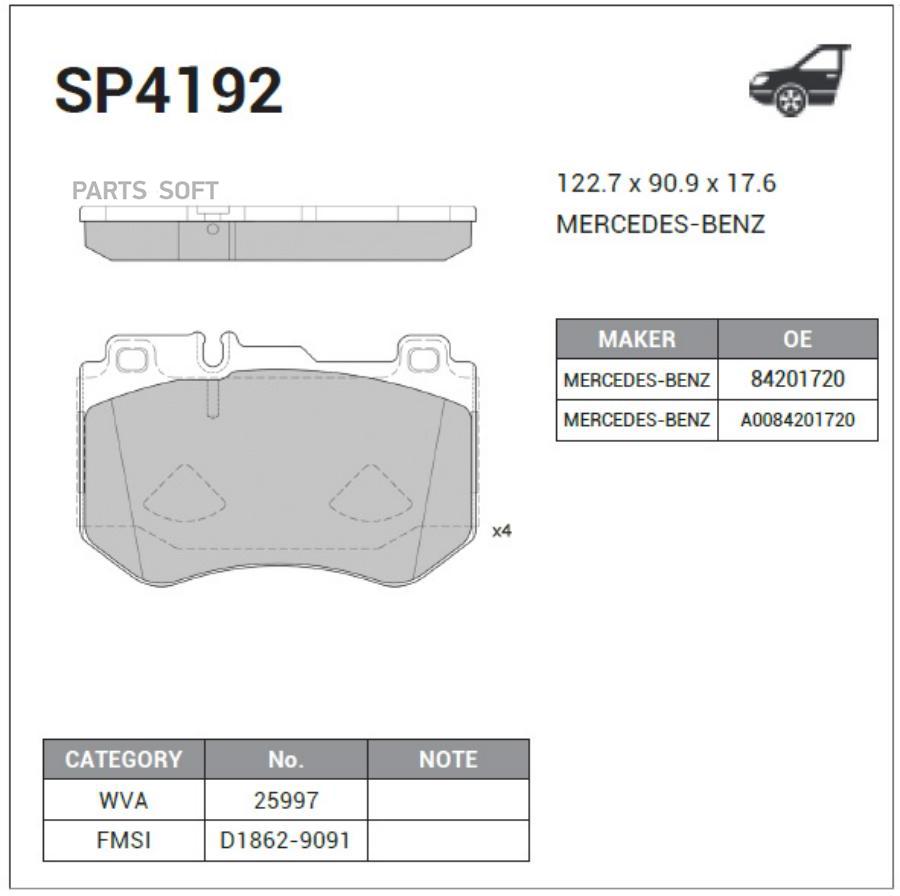 КОЛОДКИ ТОРМОЗНЫЕ ПЕРЕДНИЕ SP4192 SANGSIN BRAKE SP4192