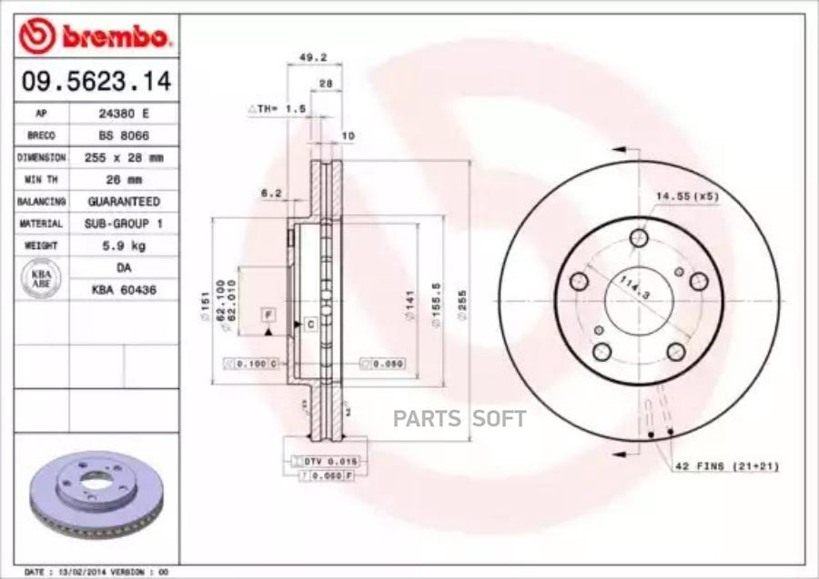 Диск тормозной передний TOYOTA Camry/Picnic all 91-01 /VentD=255mm B BREMBO 09562314