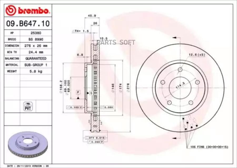 Диск тормозной передний MITSUBISHI Lancer/Sportback 15/18/20 BREMB BREMBO 09B64710