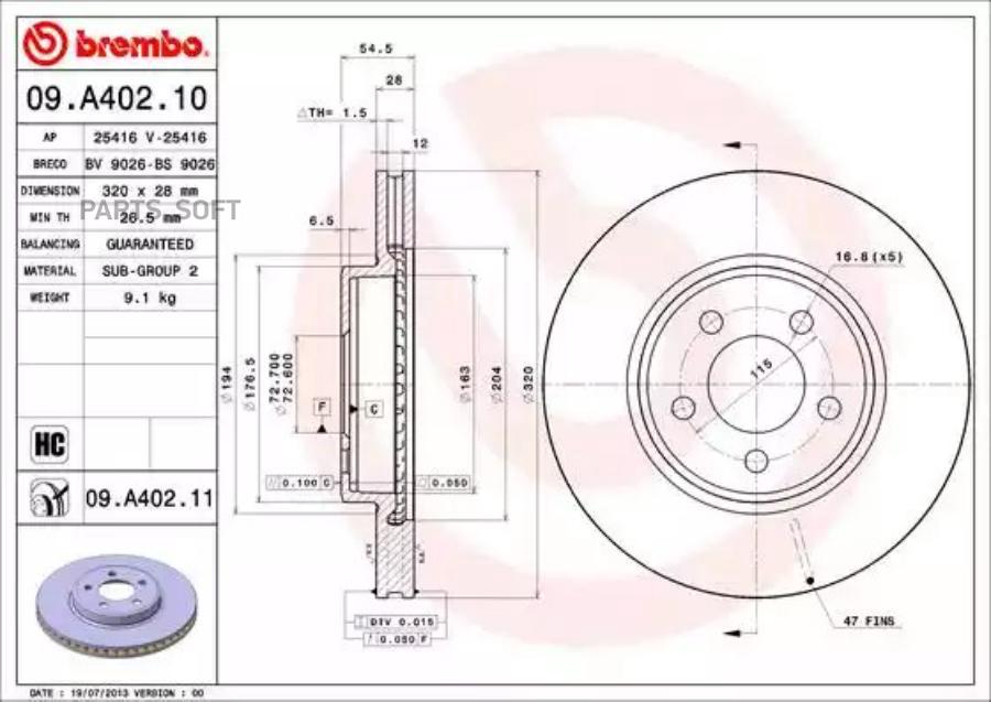 09A40211 BREMBO Тормозной диск