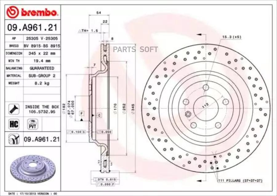 09A96121 BREMBO Тормозной диск