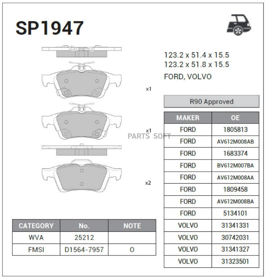 SP1947 Комплект тормозных колодок, дисковый тормоз SANGSIN BRAKE купить в  Липецке | Интернет магазин 