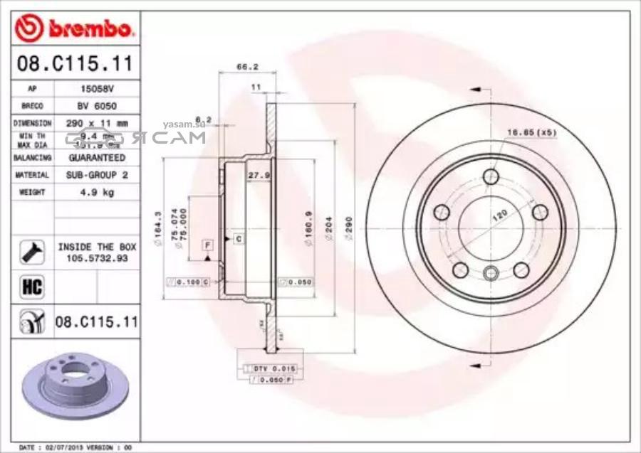 08C11511 BREMBO Диск тормозной задний (290x11)